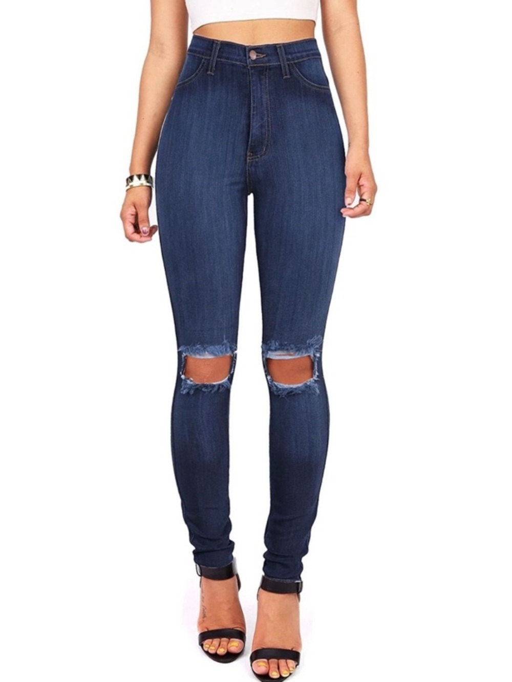 High Waisted Skinny Jeans with Knee Slit (3)